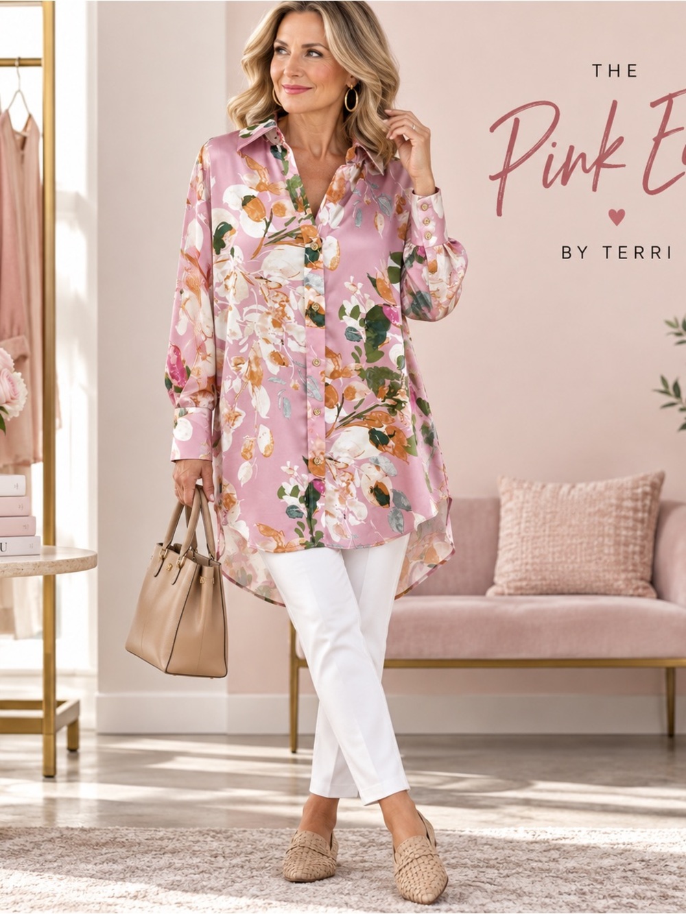 entro Pink Floral Satin Button-Front Tunic